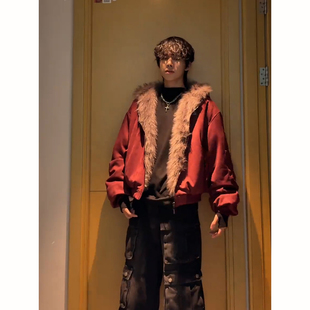 酒红色毛领座山雕棉服男女款冬季加厚短款飞行夹克高级感棉衣外套