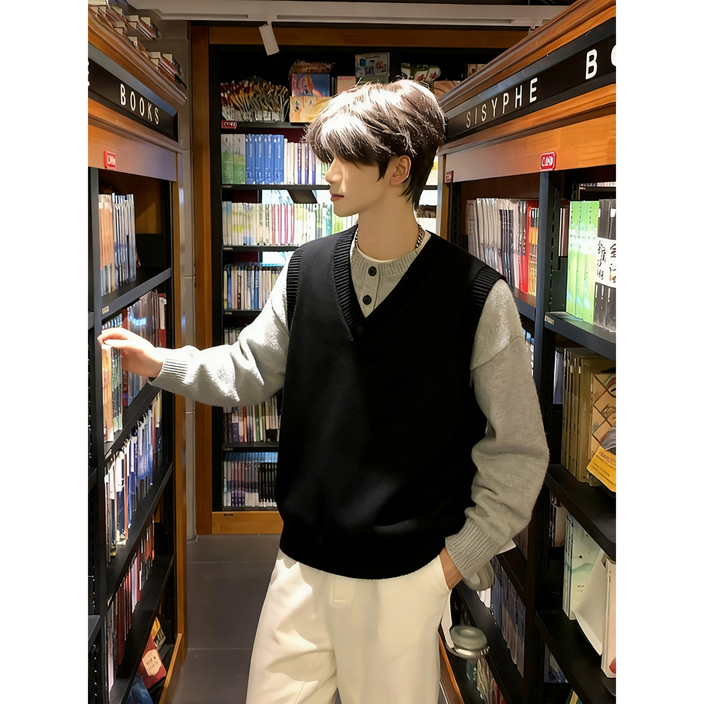 黑色v领毛衣背心秋冬韩系学院风