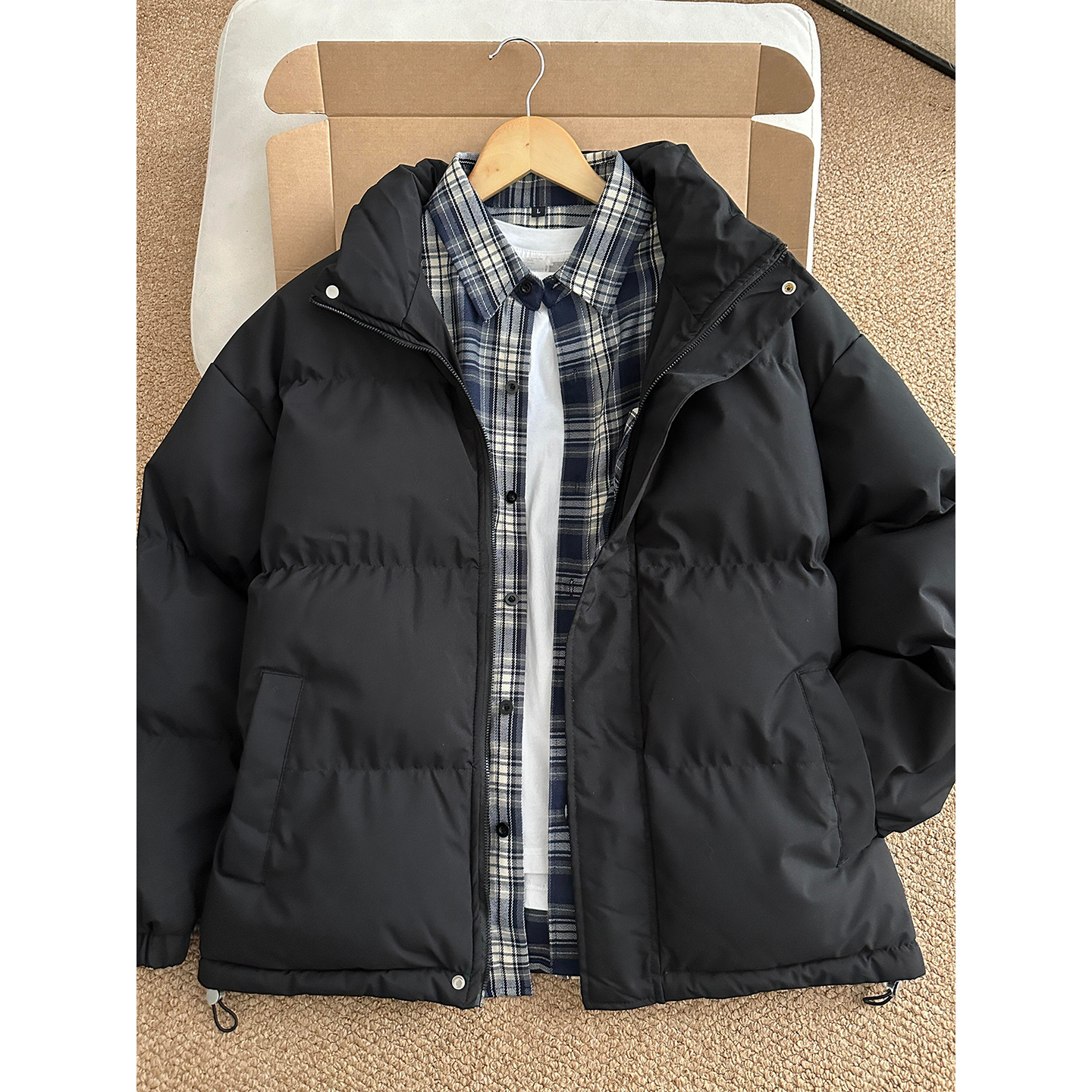 黑色短款廓形羽绒服男款冬季美式