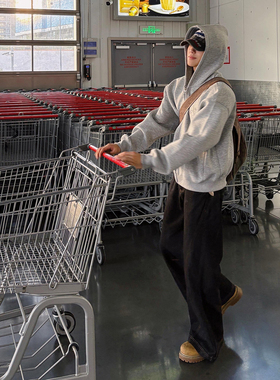 浅灰色重磅开衫卫衣男款秋冬美式加绒连帽外套短款boxy内搭打底衫