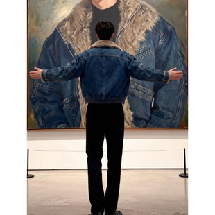 美式解构毛领牛仔外套棉服男款冬季座山雕工装棉衣飞行员短款夹克