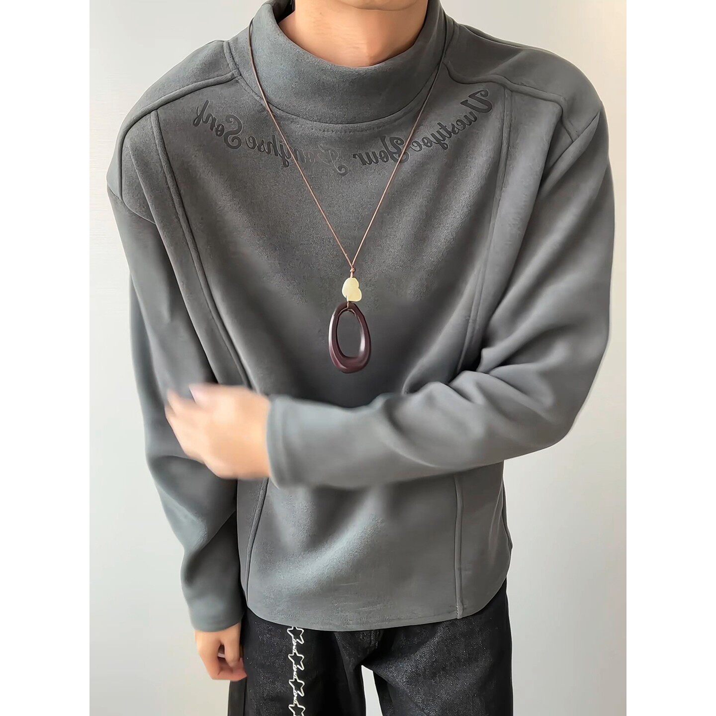 深灰色德绒印花长袖t恤男秋冬加绒加厚保暖卫衣青少年内搭打底衫