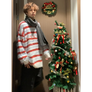 慵懒高级感线衫 马海毛条纹针织衫 外套 冬季 韩系氛围感圣诞毛衣男款