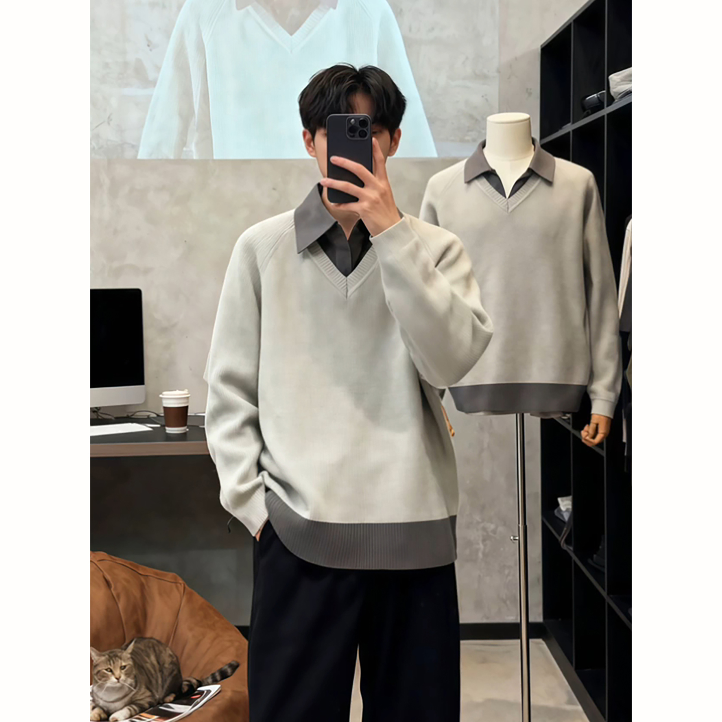 美式假两件毛衣男秋冬季韩系线衣