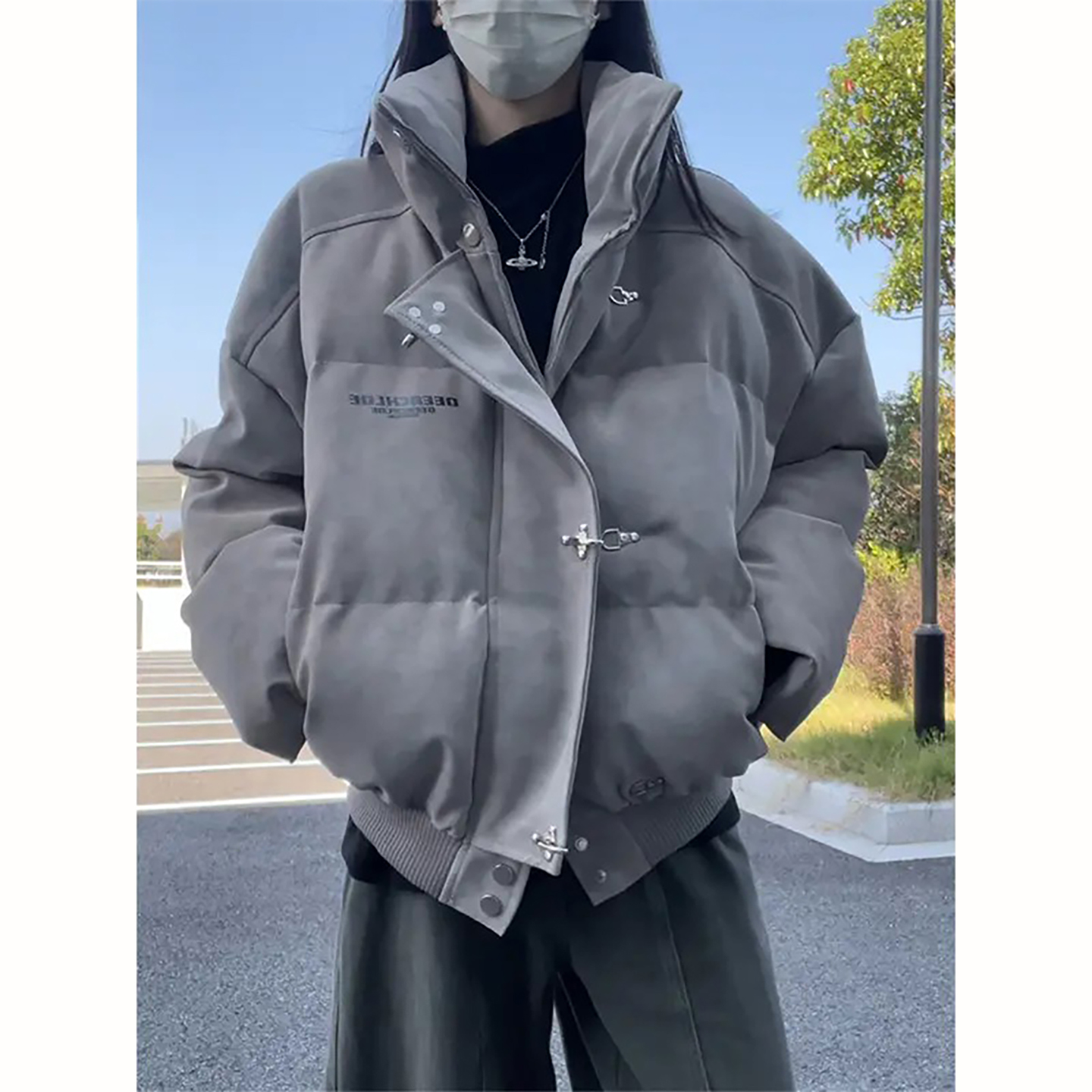 灰色美式扎染pu皮棉服外套男冬季