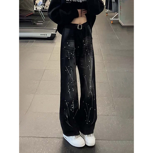 黑色泼墨涂鸦牛仔裤男款冬季痞帅高级感裤子高街显腿长直筒微喇裤