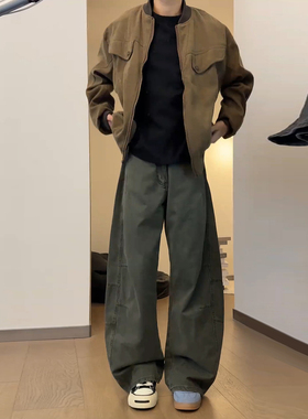 军绿色弯刀裤子男秋季美式高街baggy阔腿工装裤宽松直筒休闲长裤