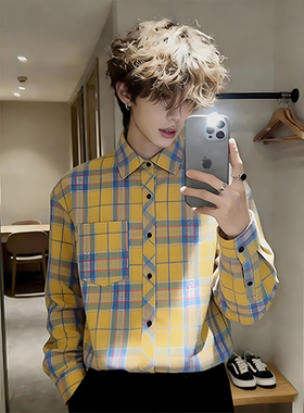 美式复古黄色格子长袖衬衫男秋冬加绒加厚内搭衬衣少年感叠穿外套
