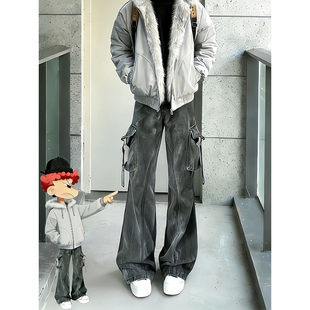 黑灰色大口袋工装牛仔裤男款美式高街vibe裤子直筒修身微喇弯刀裤