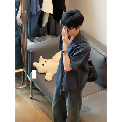 美式boxy短宽版型格子衬衫男夏季