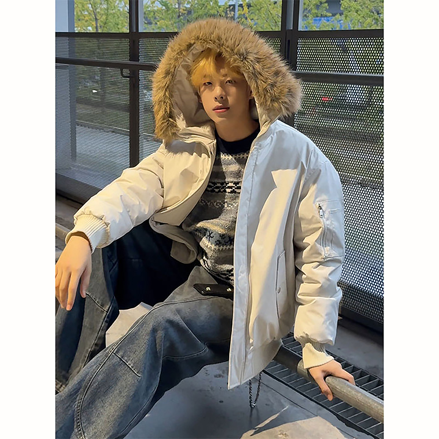 美式复古大毛领连帽棉服男款冬季