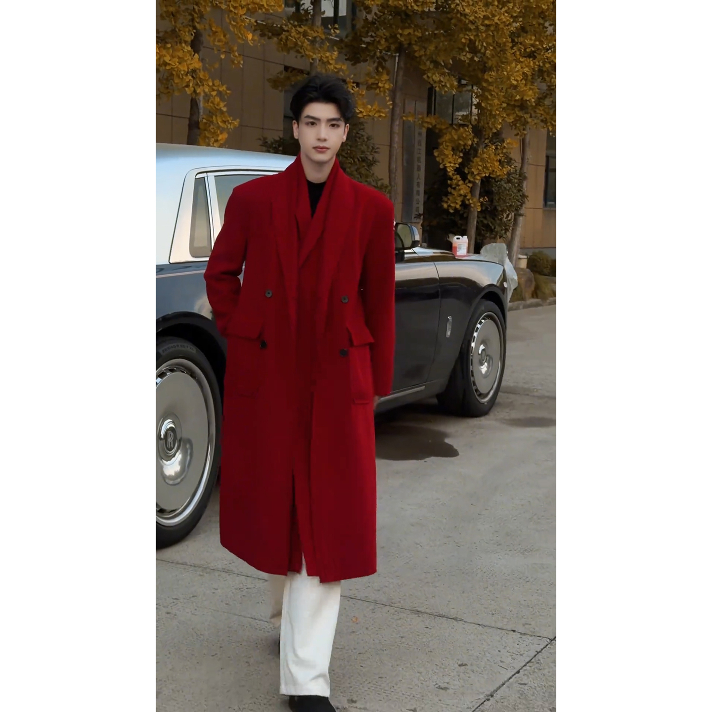 安哥拉红长款毛呢风衣男轻奢高级