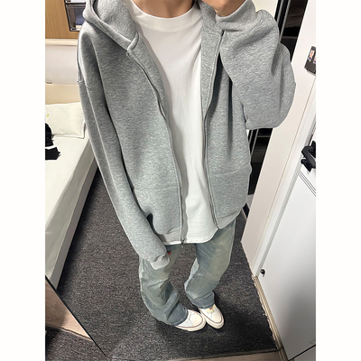 灰色双拉链开衫卫衣男复古连帽衫