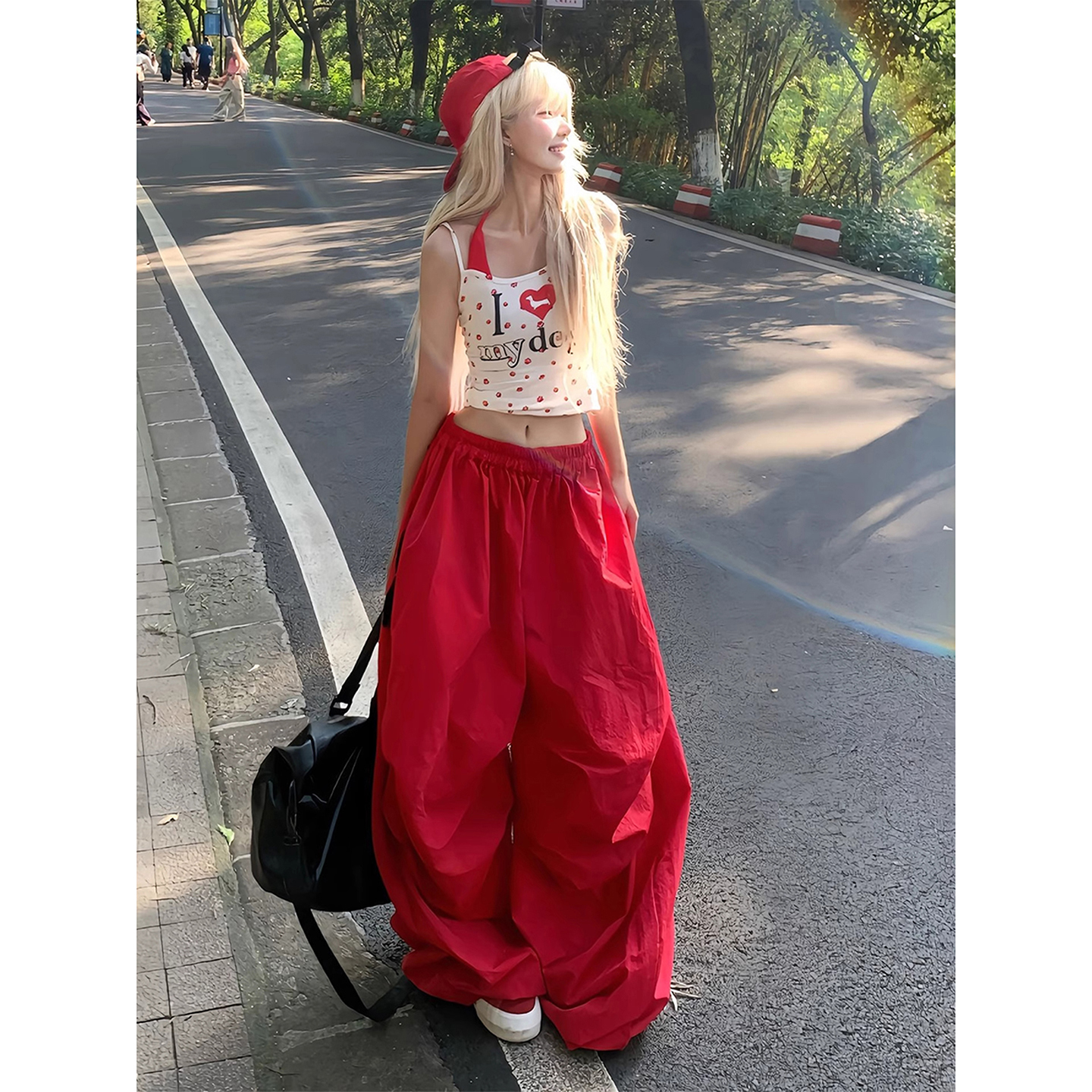 美式多巴胺红色工装裤女夏季薄款