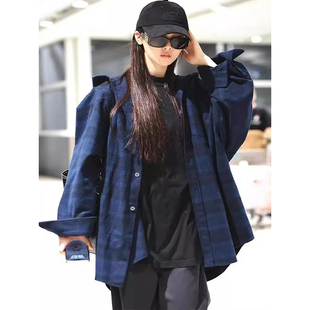 春夏克莱因蓝色磨毛连帽长袖衬衫上衣男款条纹格子衬衣女薄款外套