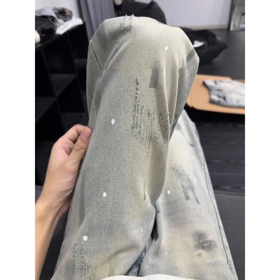 复古蓝泼墨扎染牛仔裤男款秋冬