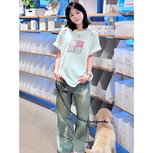 设计感白粉贴布刺绣短袖男款夏季潮流痞帅情侣上衣超好看重磅T恤