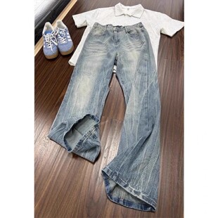 浅蓝色闪电纹微喇牛仔裤男款oversize美式痞帅裤子直筒显瘦弯刀裤