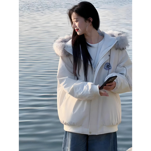 白色连帽工装派克棉服男女款冬季美式大毛领外套高级感短款面包服