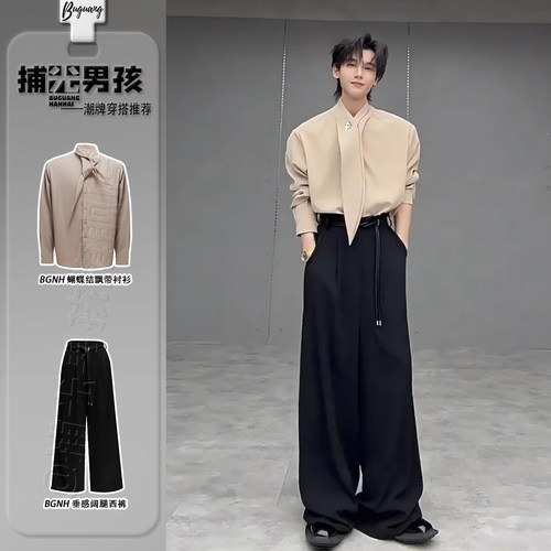 飘带领巾蝴蝶结垫肩衬衫雅痞风男