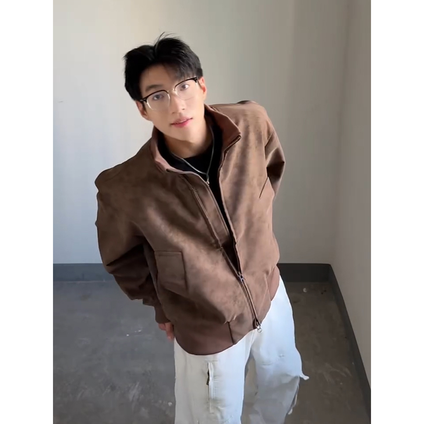 美拉德棕色pu皮衣外套男飞行夹克