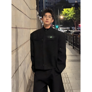 高级感男模穿搭英伦风呢料加厚立领夹克 外套冬季 黑色垫肩短款 西装