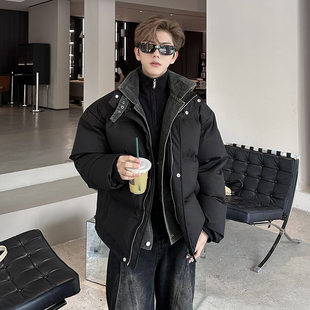 假两件牛仔拼接羽绒服男款冬季韩版面包服轻奢高级感立领棉衣外套