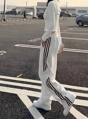 白花灰红色条纹弯刀卫裤男春季美式复古加绒裤子高级感运动休闲裤