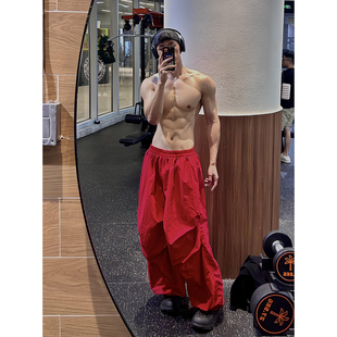 酒红色阔腿工装裤男款夏季薄款美式hiphop裤子垂感宽松运动伞兵裤