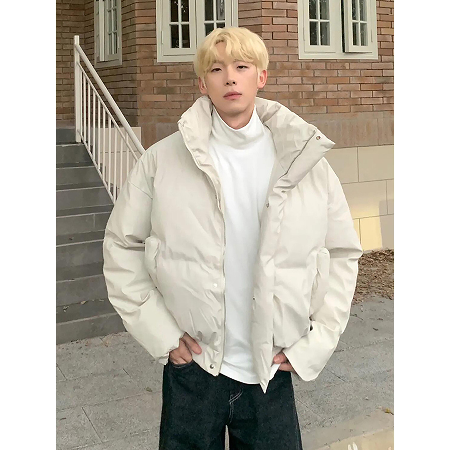 米白色pu皮羽绒棉服男款冬季加厚