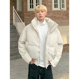 米白色pu皮羽绒棉服男款冬季加厚立领棉衣外套美式短款廓形面包服
