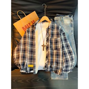 美式复古藏青格子衬衫男春季高级感痞帅长袖衬衣cleanfit情侣外套