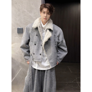 美式座山雕毛领棉服男款冬季夹棉仿貂毛棉衣夹克短款毛茸茸厚外套