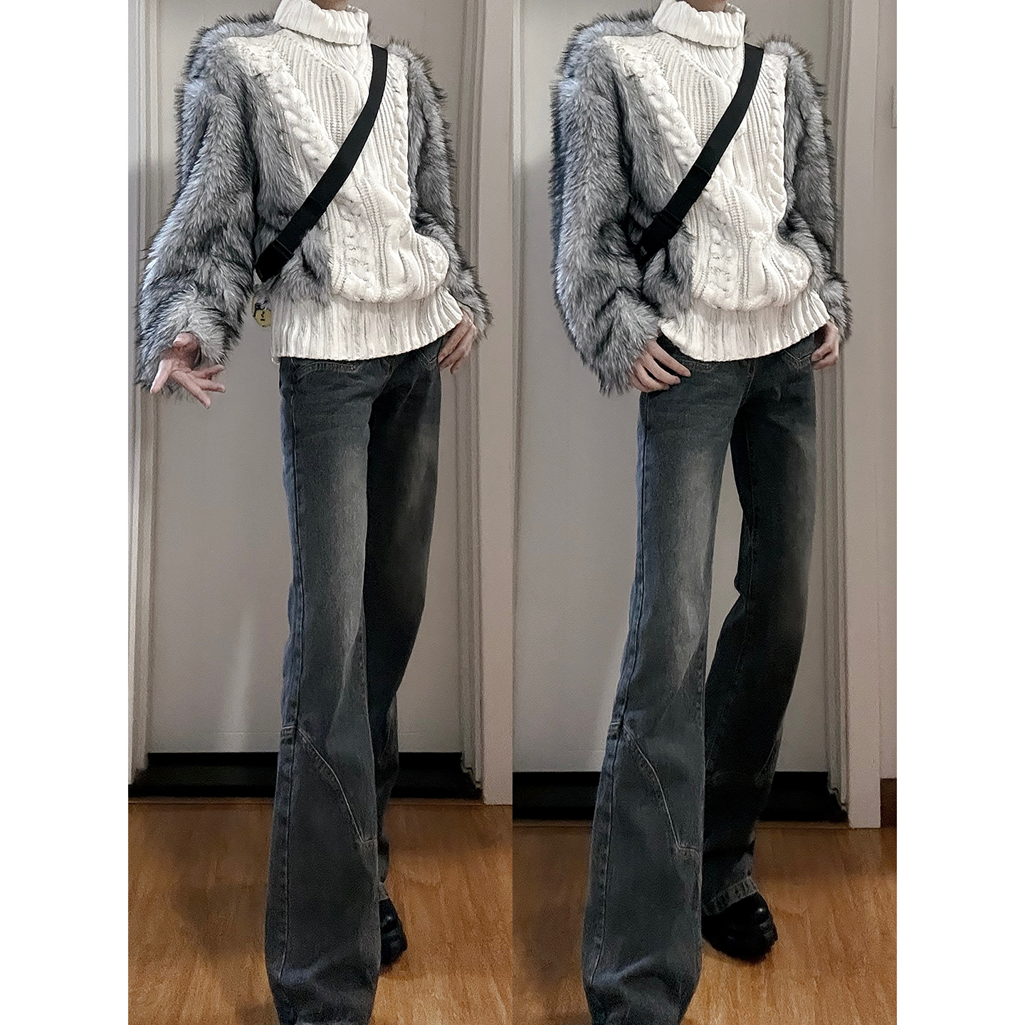 小众设计仿皮草拼接高领毛衣冬季