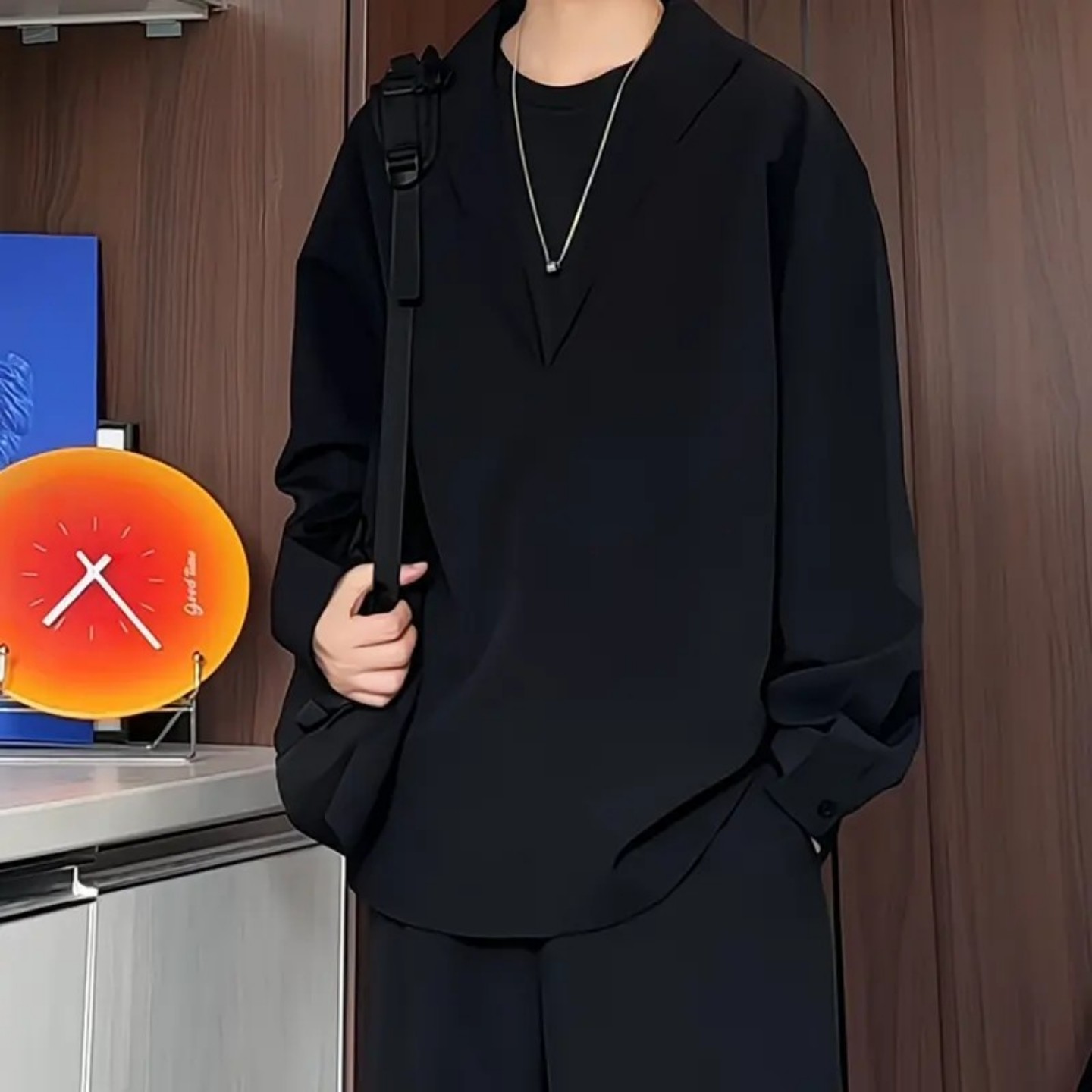 黑色假两件V领POLO衬衫秋季衬衣