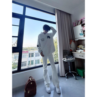 白色高腰提档加绒牛仔裤男款秋冬美式高街vibe裤子直筒显瘦微喇裤