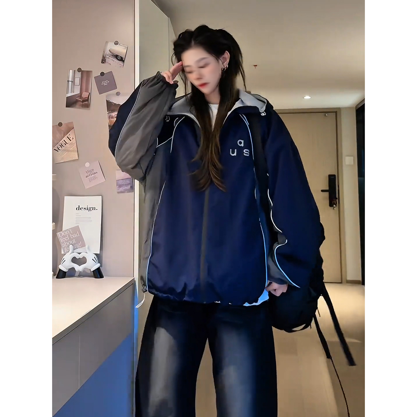 双面穿连帽撞色反光条夹克男女