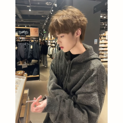 深灰色连帽毛衣秋冬季男士高级感