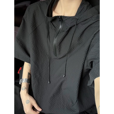 黑色连帽泡泡纱短袖防晒衣酷帅