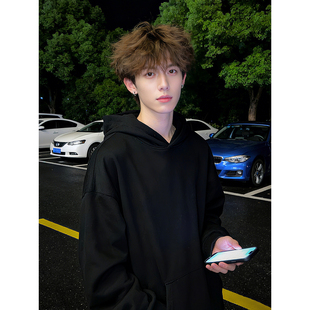 高克重磅黑色加绒卫衣男冬季潮牌高街硬挺连帽衫美式痞帅套头上衣