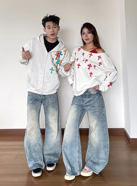 浅蓝色竹节纹弯刀牛仔裤男款秋季美式高街阔腿裤子情侣百搭微喇裤