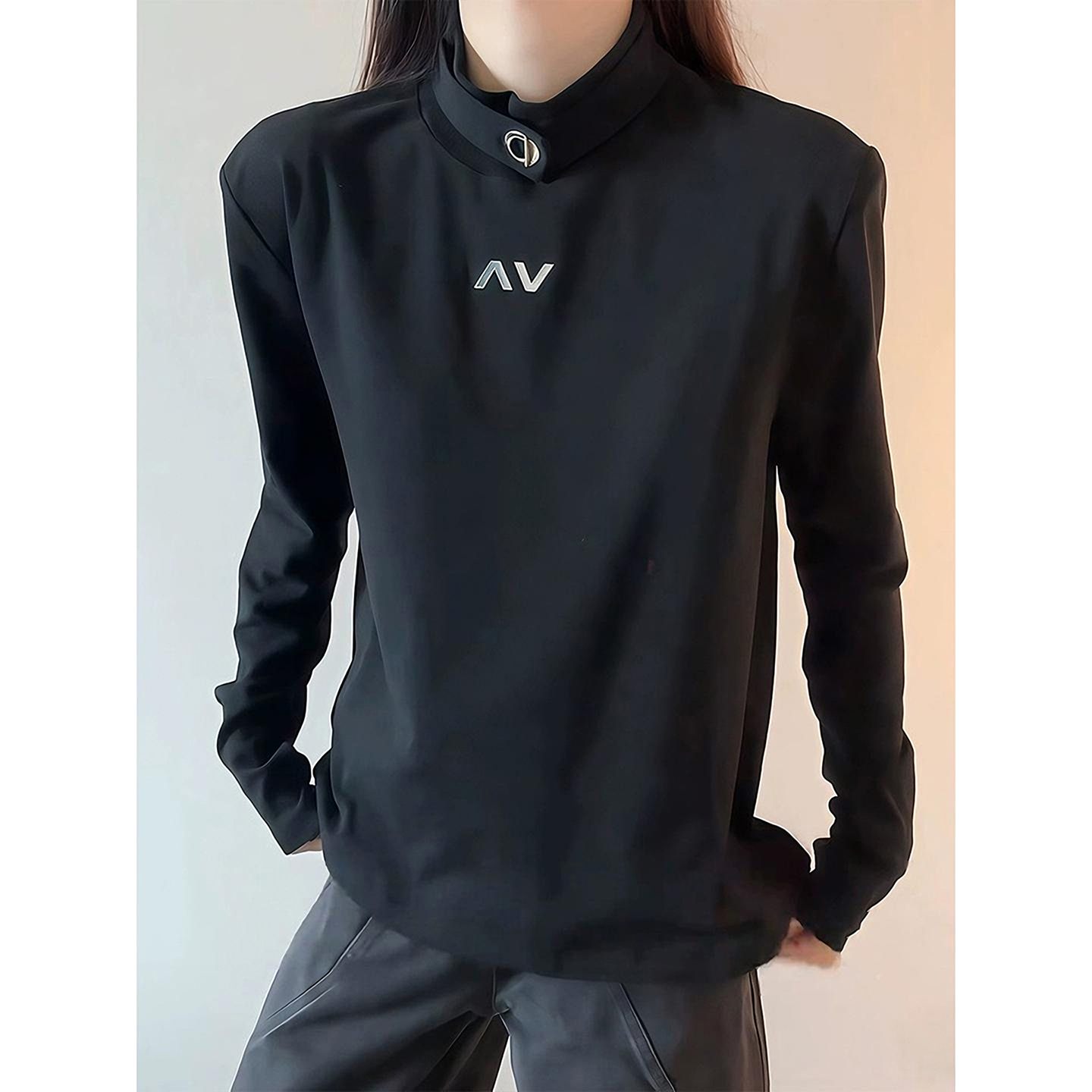 黑色高领垫肩长袖T恤男秋冬季美式修身正肩卫衣高级感痞帅打底衫