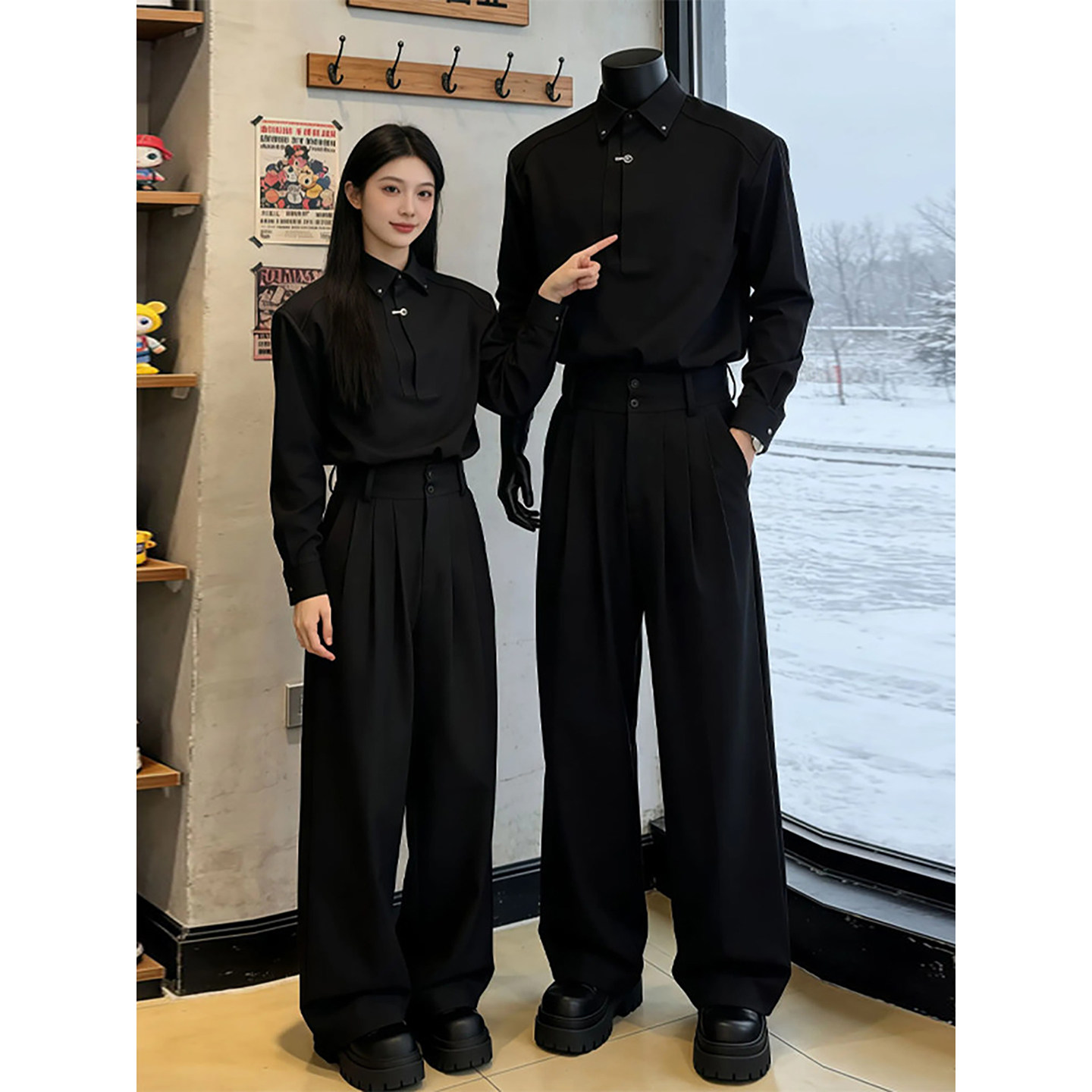 黑色高级感ootd穿搭套装男秋冬轻奢感简约衬衫西裤休闲时尚两件套