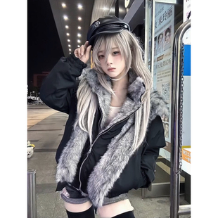 美式 双层毛领假两件外套极地狼王情侣棉衣 痞帅座山雕棉服男女冬季