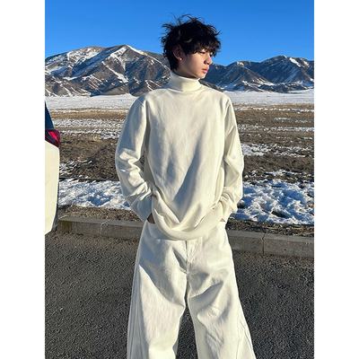 白色加绒高领毛衣男冬季韩系慵懒