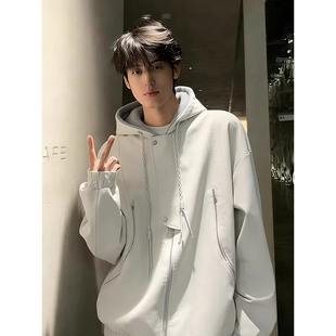 米白色pu皮座山雕外套棉服男冬季仿貂绒机车夹克加绒加厚连帽棉衣