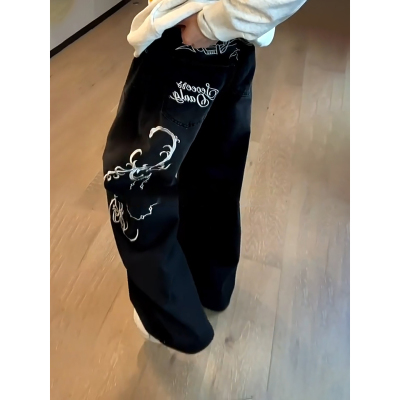 美式复古万针刺绣微喇牛仔裤男款