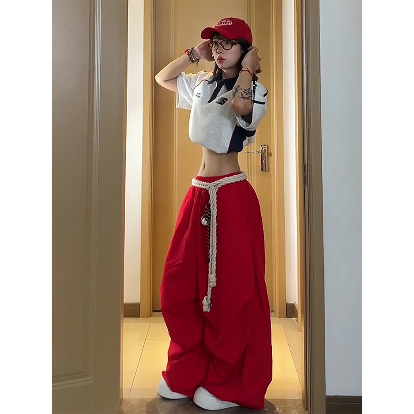 美式潮流褶皱红色工装裤女夏季