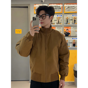 外套高级感立领棒球服 短宽boxy工装 卡其色飞行夹克棉服男冬季 美式
