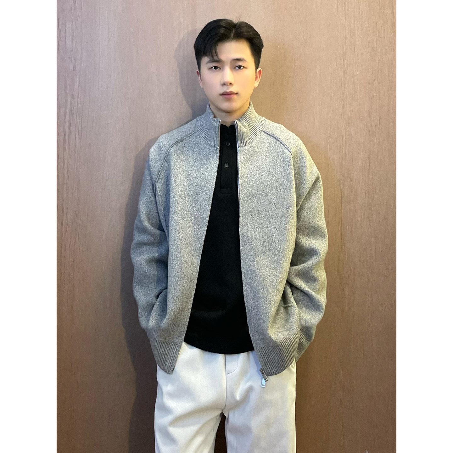 灰色立领开衫毛衣外套男款秋冬季